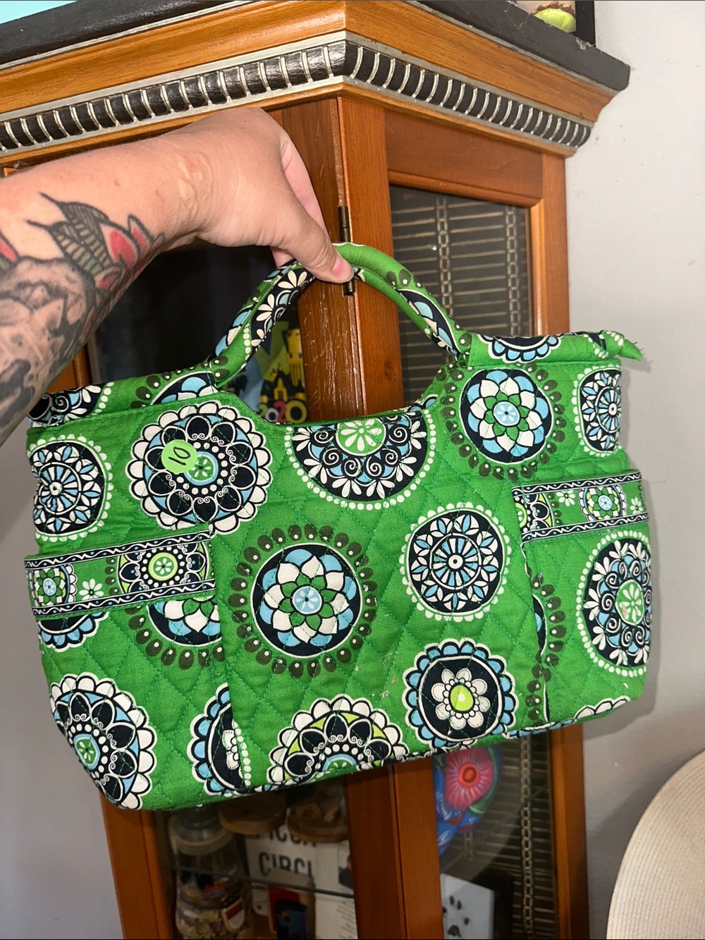 Vera Bradley Cupcake Green Quilted Tote with Circular Floral Medallions